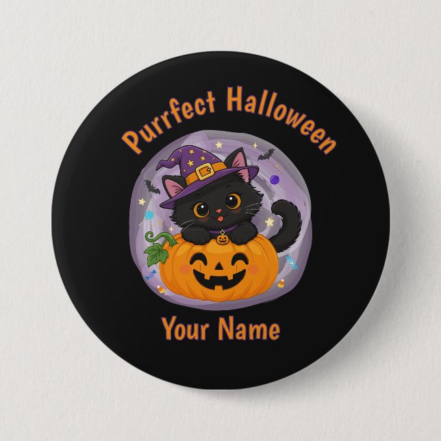 Personalized Cute Black Cat Halloween Button (Front)