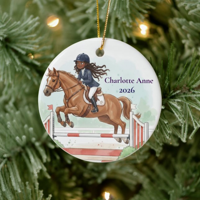 Personalized Cute Black Girl Horse Show Jumping Ceramic Ornament (Tree)