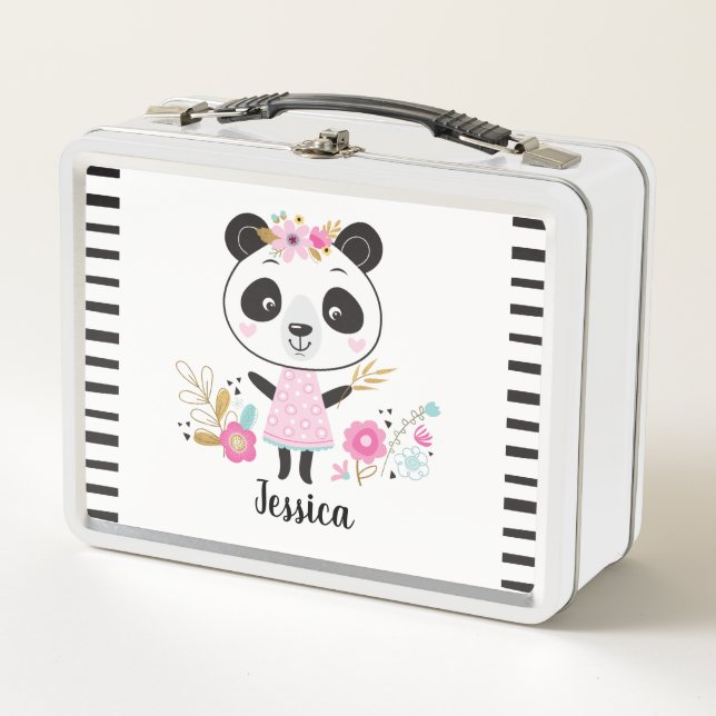 Personalized Cute Black White Panda Metal Lunch Box (Front)