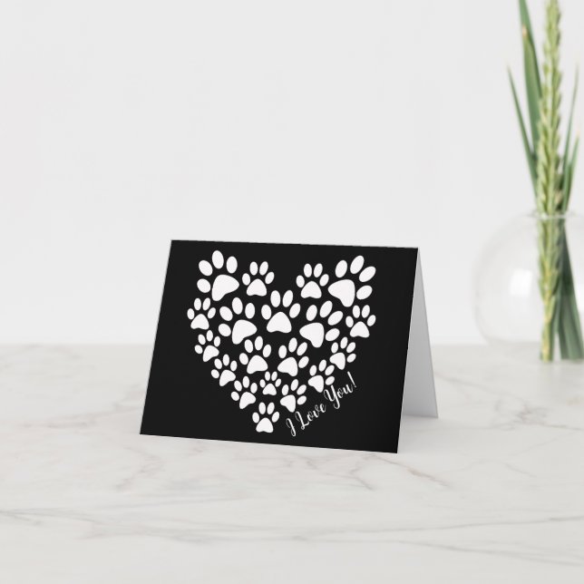 Personalized Cute Black White Paw Print Heart Card (Front)
