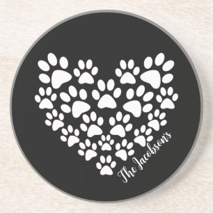 Personalized Cute Black White Paw Print Heart Coaster