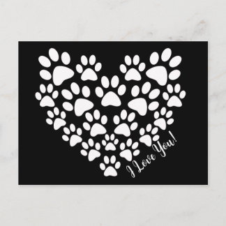 Personalized Cute Black White Paw Print Heart Postcard