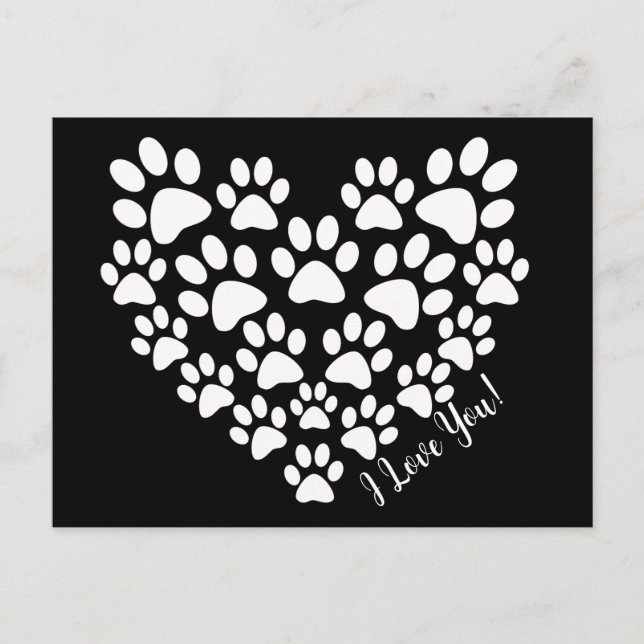 Personalized Cute Black White Paw Print Heart Postcard (Front)