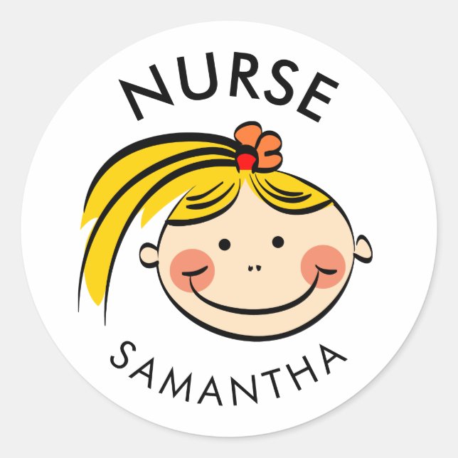 Personalized Cute Blond Cartoon Nurse Name Classic Round Sticker (Front)