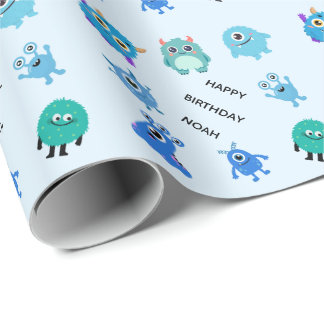 Personalized Cute Blue Boy Monster Birthday Wrapping Paper