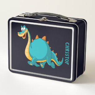 Personalized Cute Blue Dinosaur on Black Metal Lunch Box