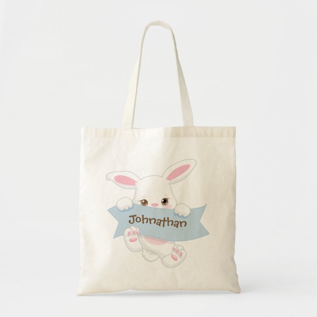 Personalized Cute Blue Easter Bunny Boy Tote Bag (Front)