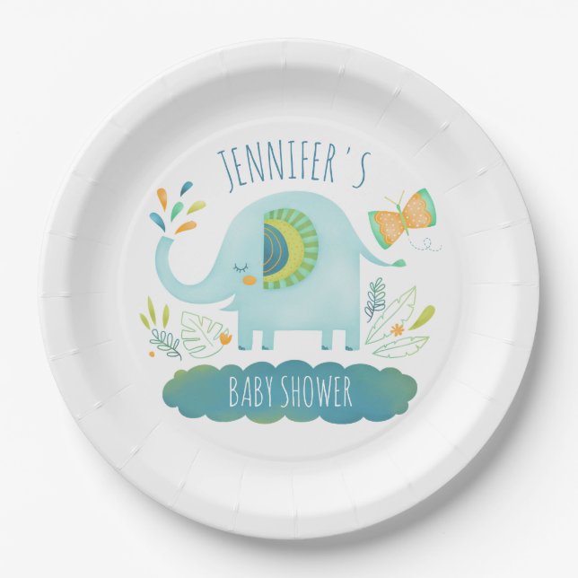 Personalized Cute Blue Elephant Baby Shower Paper Plate (Front)