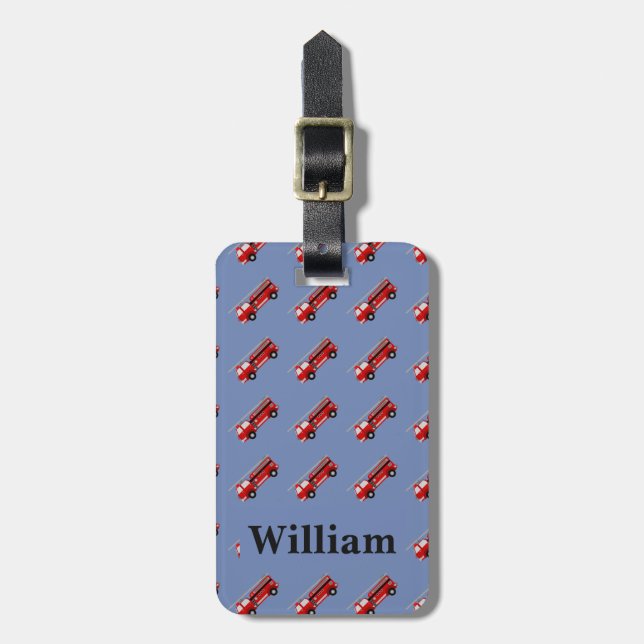 Personalized Cute Blue Kids Firetruck luggage tag (Front Vertical)