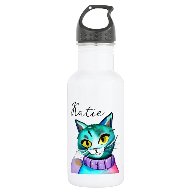 Personalized Cute Blue Kitty Cat 532 Ml Water Bottle (Front)