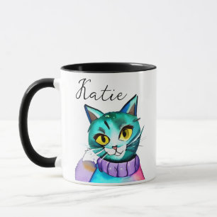 Personalized Cute Blue Kitty Cat Mug