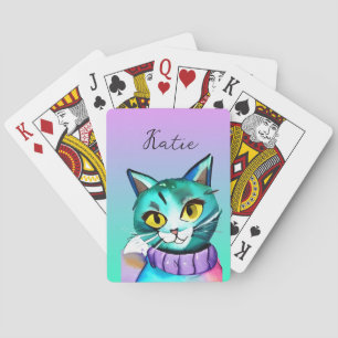 Personalized Cute Blue Kitty Cat Playing Cards