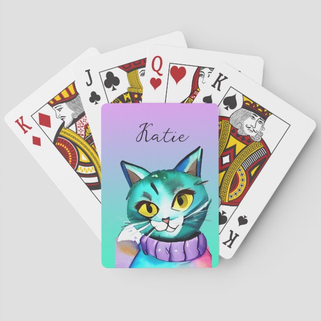 Personalized Cute Blue Kitty Cat Playing Cards (Back)