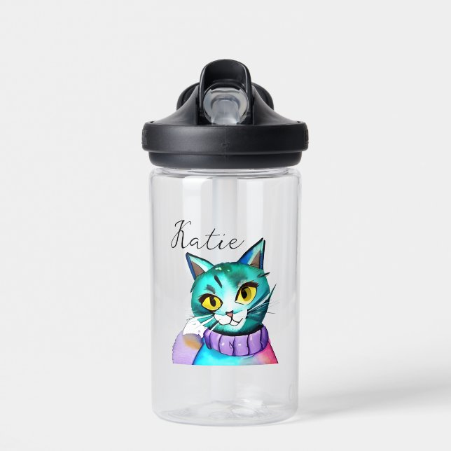 Personalized Cute Blue Kitty Cat Water Bottle (Front)