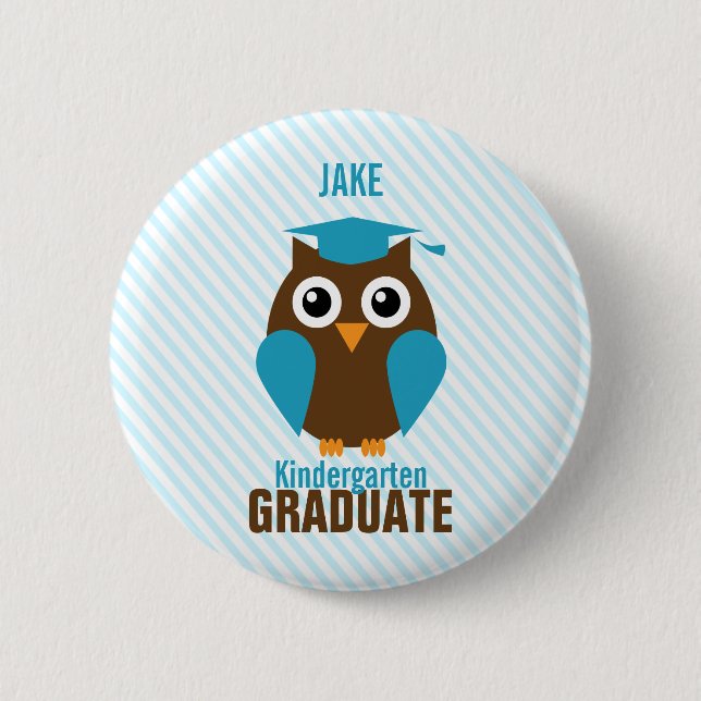Personalized Cute Blue Owl Kindergarten Graduate 2 Inch Round Button (Front)
