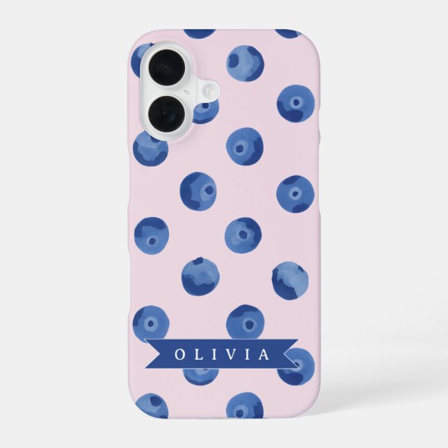 Personalized Cute Blueberry Watercolor Gift Name iPhone 16 Case (Back)