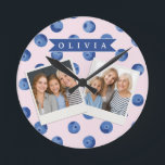 Personalized Cute Blueberry Watercolor Gift Name Round Clock<br><div class="desc">With our Customized Blueberry Watercolor Collection, you can add a cheerful splash of color and individuality to daily life! These personalized pieces are meant to make anyone smile, whether you're shopping for yourself or looking for that ideal present. Every piece in the collection has a bright, hand-painted blueberry design in...</div>