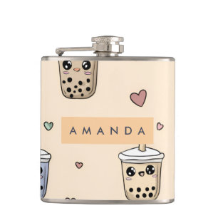 Personalized Cute Boba Tea Pattern Hip Flask
