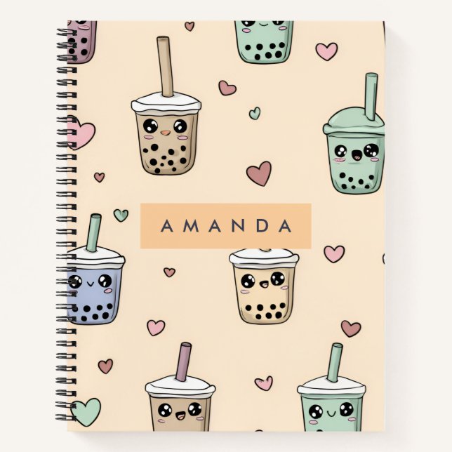 Personalized Cute Boba Tea Pattern Notebook (Front)