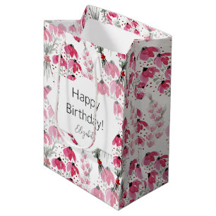 Personalized Cute Boho Pink Watercolor Floral Medium Gift Bag