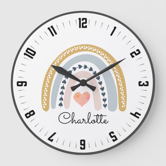 Personalized Cute Boho Watercolor Rainbow Large Clock (Front)