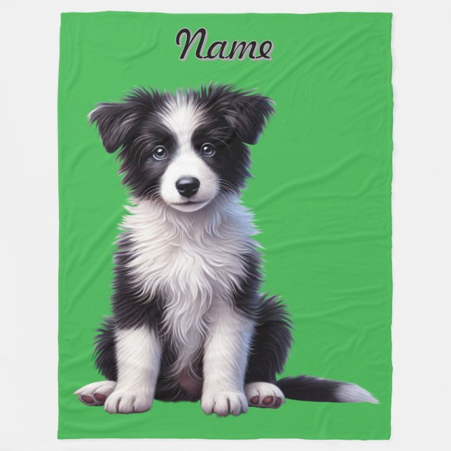 Personalized Cute Border Collie Puppy Fleece Blanket (Front)