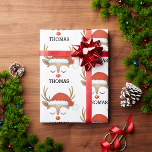 Personalized Cute Boy Christmas Reindeer Face Wrapping Paper