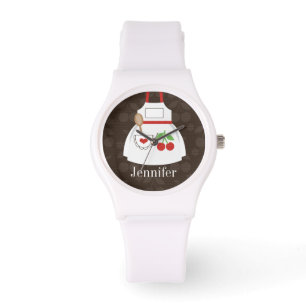 Personalized Cute Brown and Red Kitchen Apron Watch