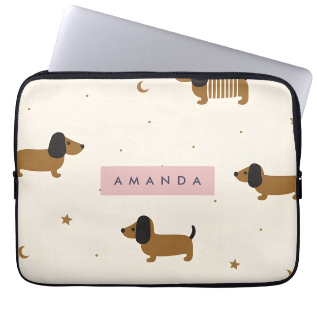 Personalized Cute Brown Dachshund Puppy Laptop Sleeve (Front)