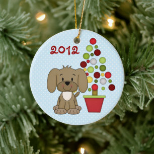 Personalized Cute Brown Dog, Holiday Tree on Blue Ceramic Ornament