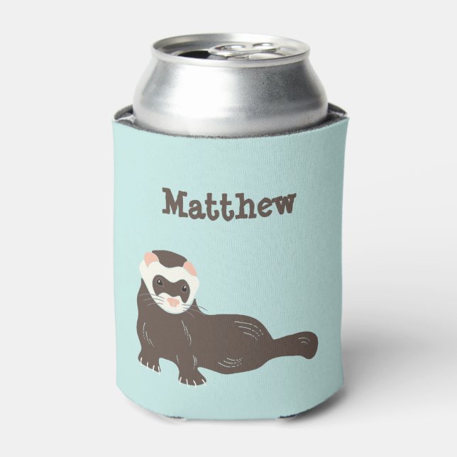 Personalized Cute Brown Ferret Mint Green Can Cooler (Can Front)