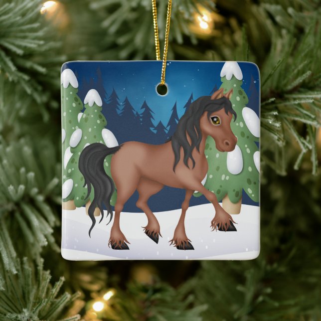 Personalized Cute Brown Horse Christmas Ceramic Ornament (Tree)