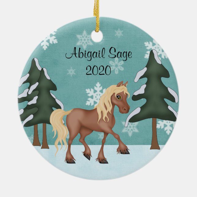 Personalized Cute Brown Horse Christmas Ceramic Ornament (Back)