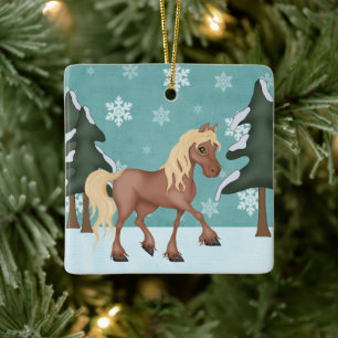Personalized Cute Brown Horse Snowy Christmas Ceramic Ornament