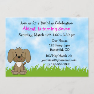 Personalized Cute Brown Puppy Dog Girls Birthday Invitation