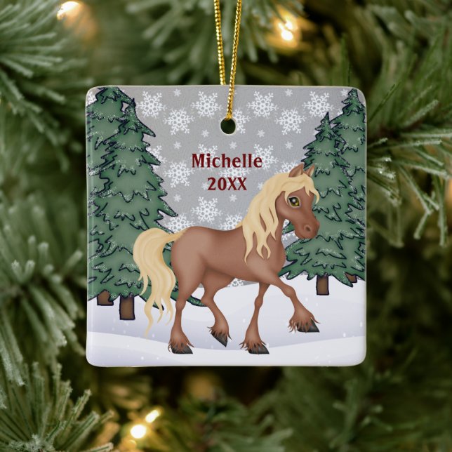 Personalized Cute Brown Winter Horse Christmas Ceramic Ornament (Tree)
