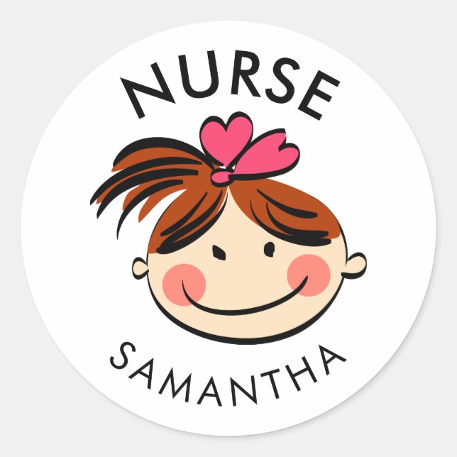 Personalized Cute Brunette Cartoon Nurse Name Classic Round Sticker (Front)