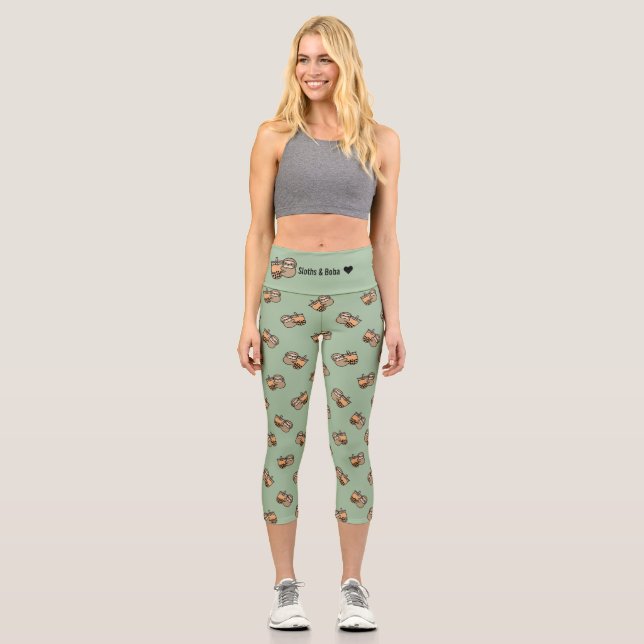 Personalized Cute Bubble Tea & Sloth Capri Leggings (Front)