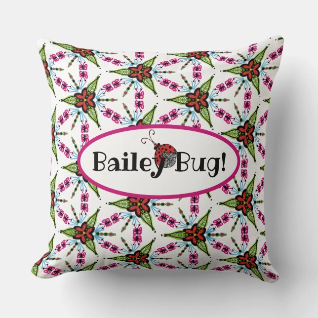 Personalized cute bug and flowers throw pillow (Front)