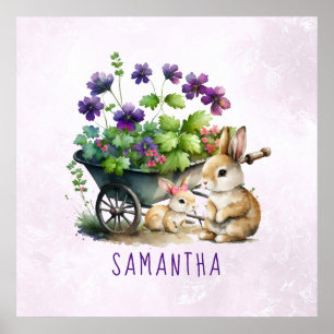 Personalized Cute Bunnies Girl Easter Poster