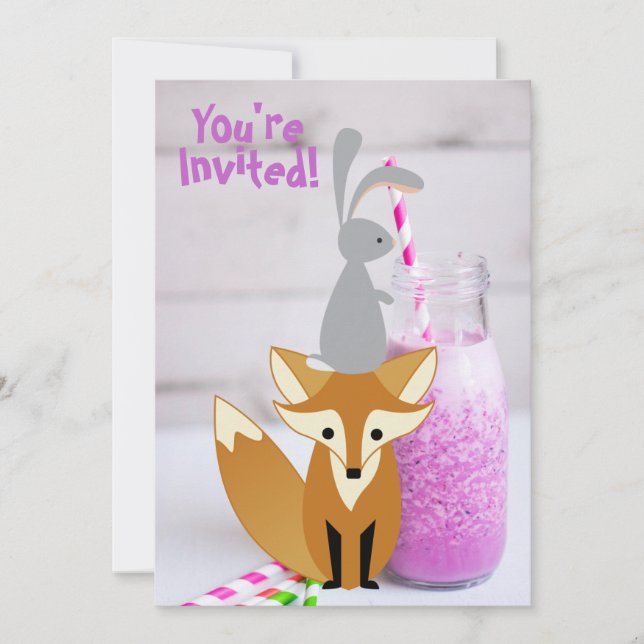 Personalized Cute Bunny and Fox Milkshake Birthday Invitation (Front)