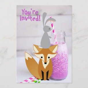 Personalized Cute Bunny and Fox Milkshake Birthday Invitation