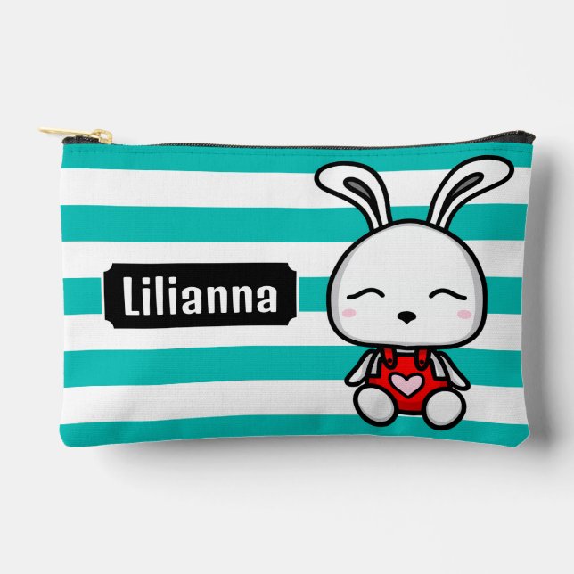 Personalized Cute Bunny Pink Stripped Accessory Pouch (Front)