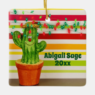 Personalized Cute Cactus Southwestern Christmas Ceramic Ornament