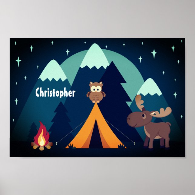 Personalized Cute Camping, Animals and Mountains Poster (Front)