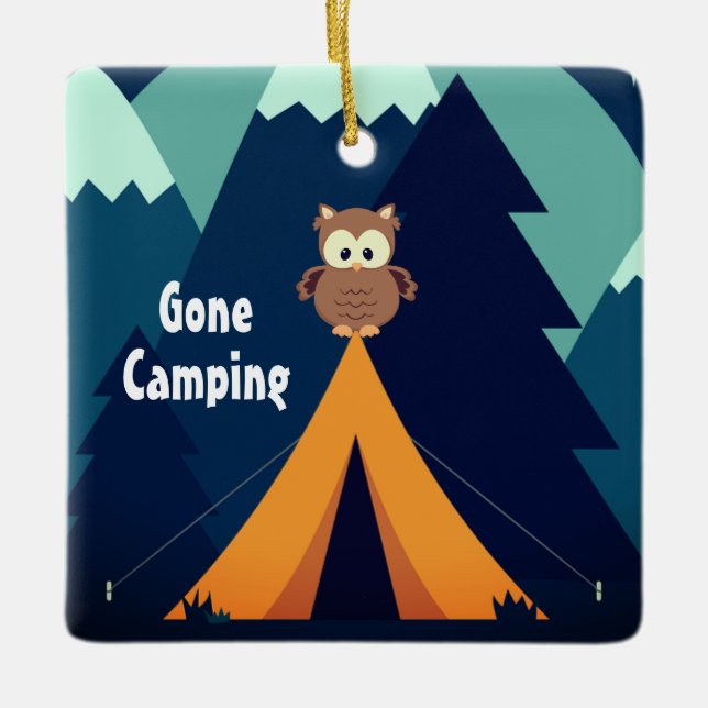 Personalized Cute Camping ~Tent and Owl Christmas Ceramic Ornament (Front)