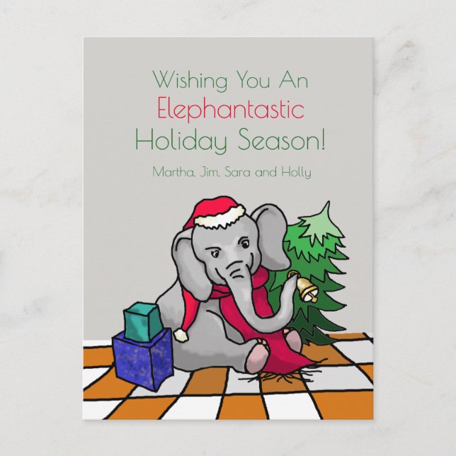 Personalized Cute Cartoon Christmas Elephant Holiday Postcard (Front)