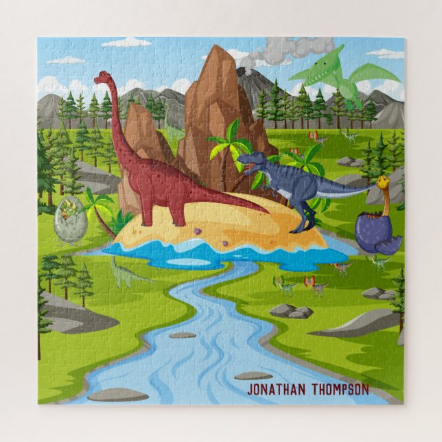 Personalized Cute cartoon Dinosaurs greenery blue Jigsaw Puzzle (Vertical)