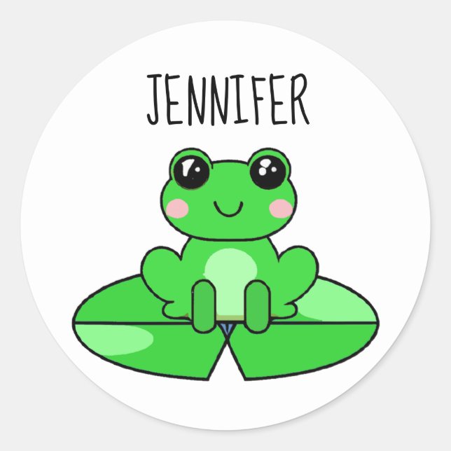 Personalized Cute Cartoon Frog on a Lily Pad Classic Round Sticker (Front)