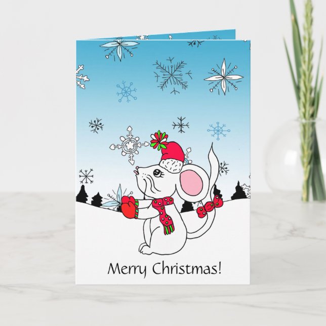 Personalized Cute Cartoon Mouse Eating a Snowflake Card (Front)